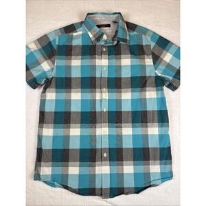 Ben Sherman Casual Short Sleeve Shirt Men's Large Teal & Gray Plaid